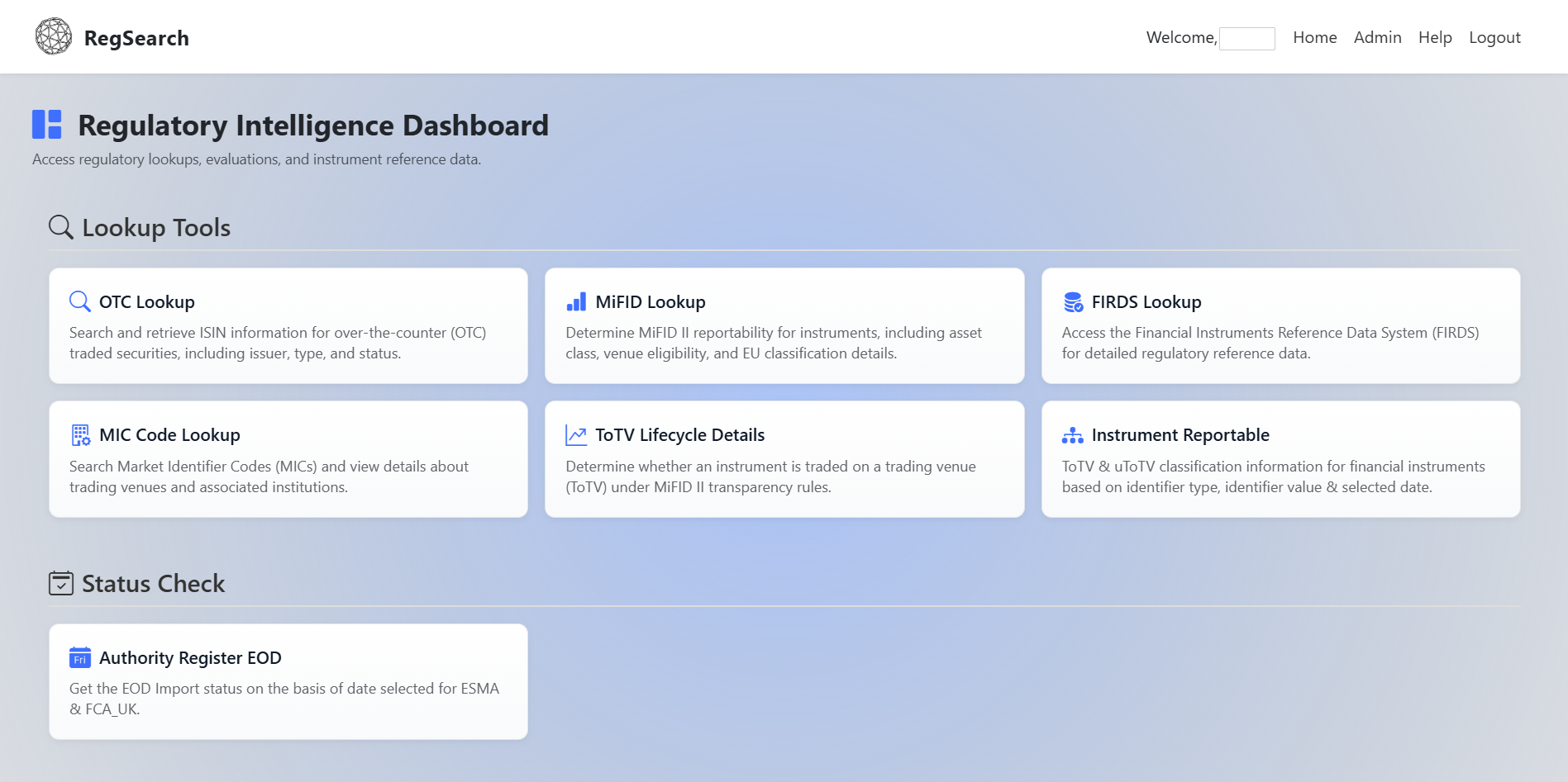Classic RegSearch — Regulatory Intelligence Dashboard with top navigation bar