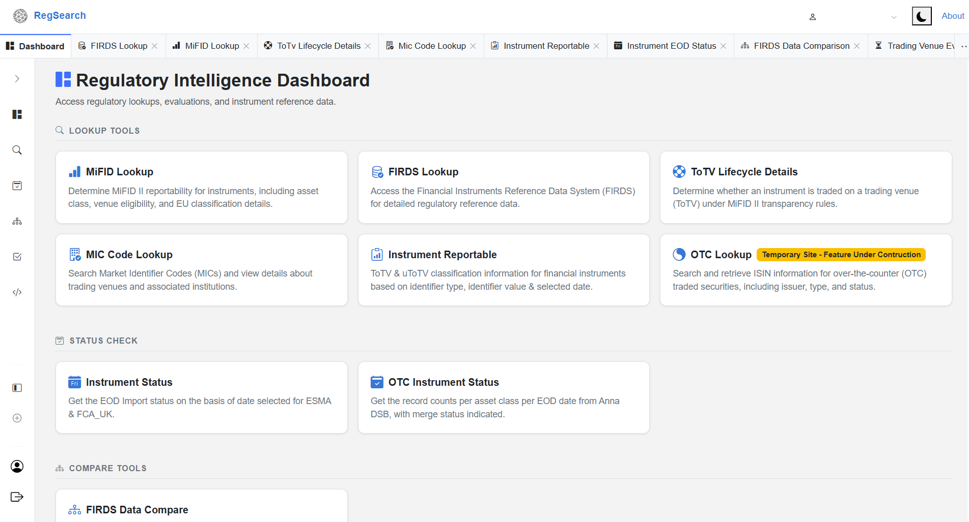 RegSearch 2.0 — Tab-based layout with side navigation bar and dark mode toggle
